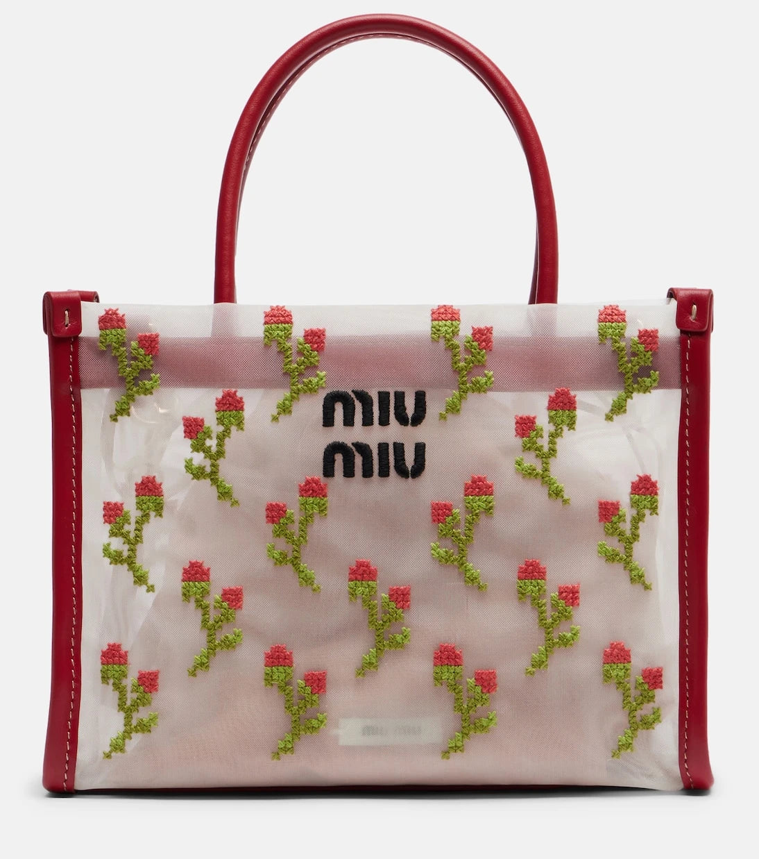 Miu Miu - Embroidered leather-trimmed mesh top-handle bag