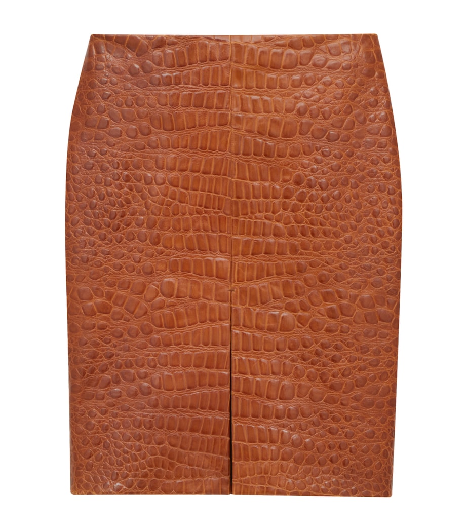 Saint Laurent Brown Leather Croc-Embossed Mini Pencil Skirt