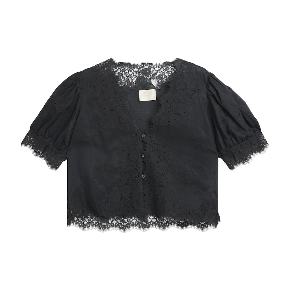 Black Ramie Lace-Trim Idella Blouse