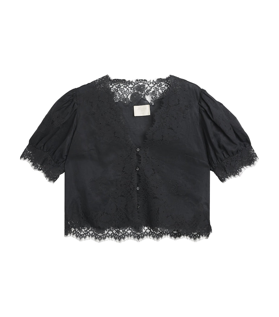 Black Ramie Lace-Trim Idella Blouse