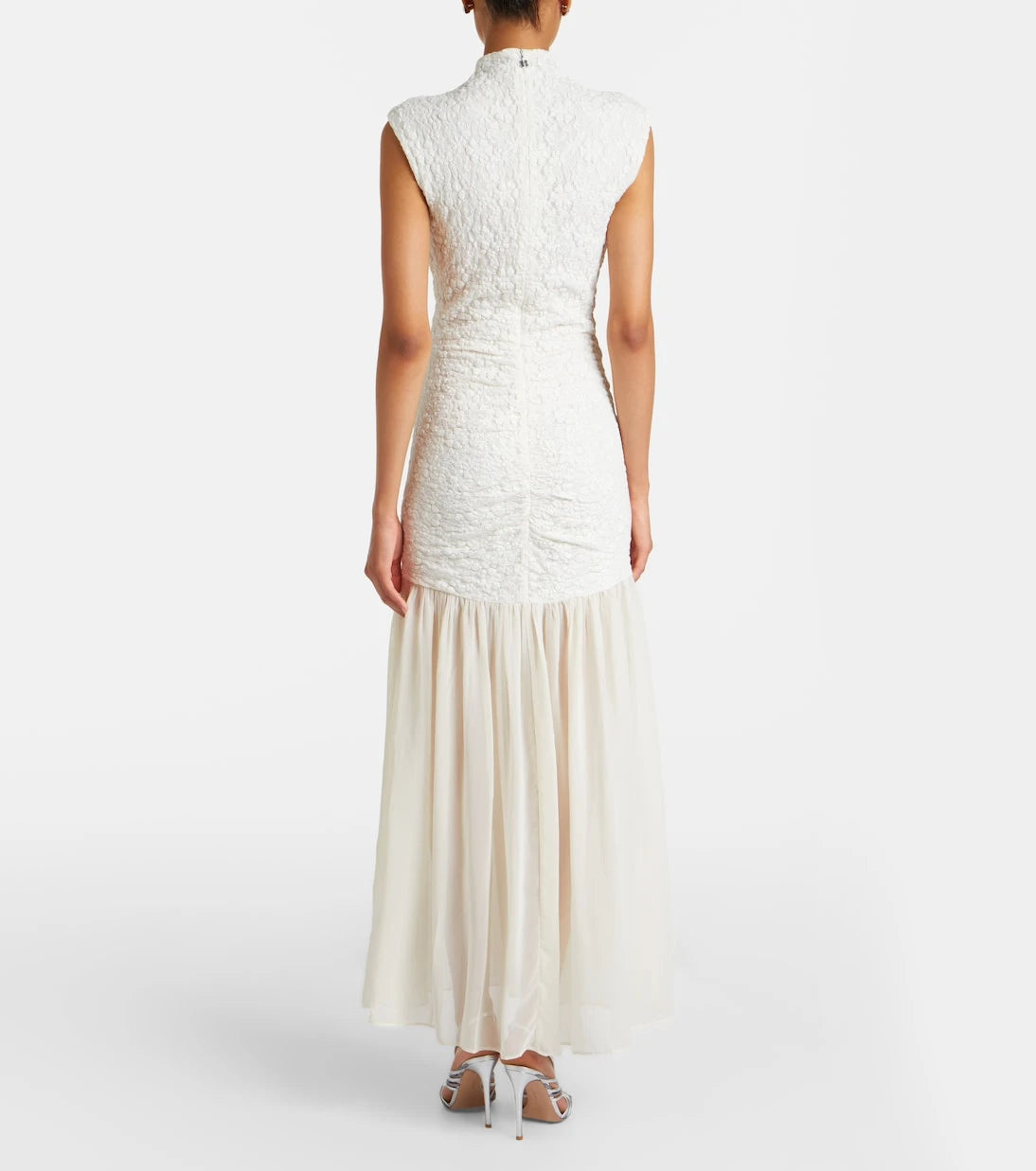 Rotate - Ruched lace-trimmed maxi dress
