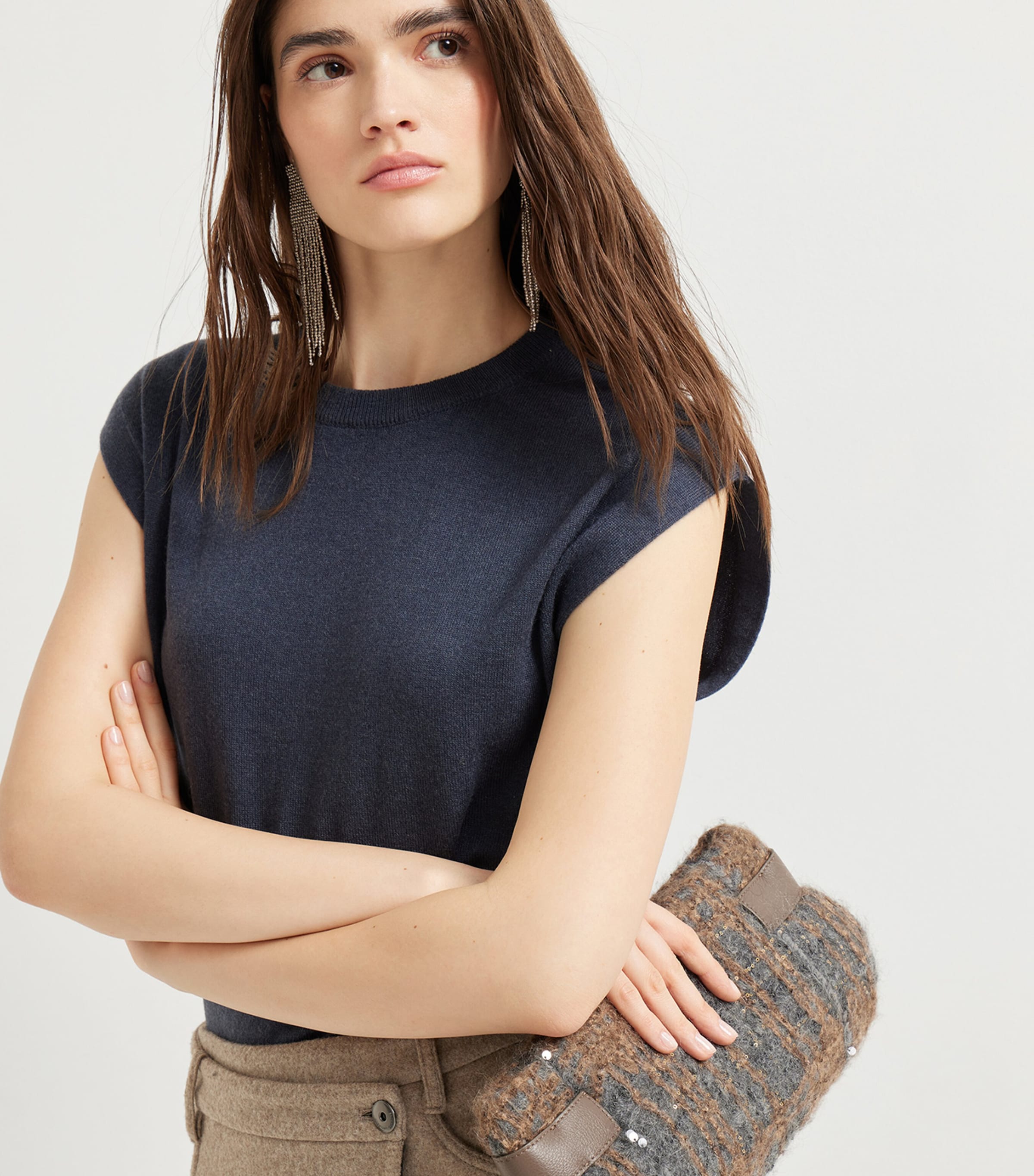 Brunello Cucinelli Grey Wool-Leather Prince of Wales Check Essence Clutch Bag