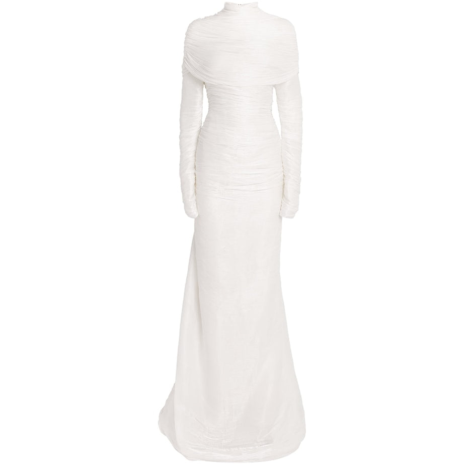Marmar Halim Ivory Pleated High-Neck Gown