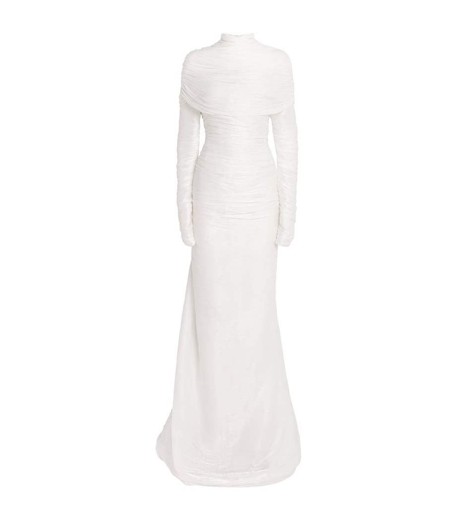 Marmar Halim Ivory Pleated High-Neck Gown