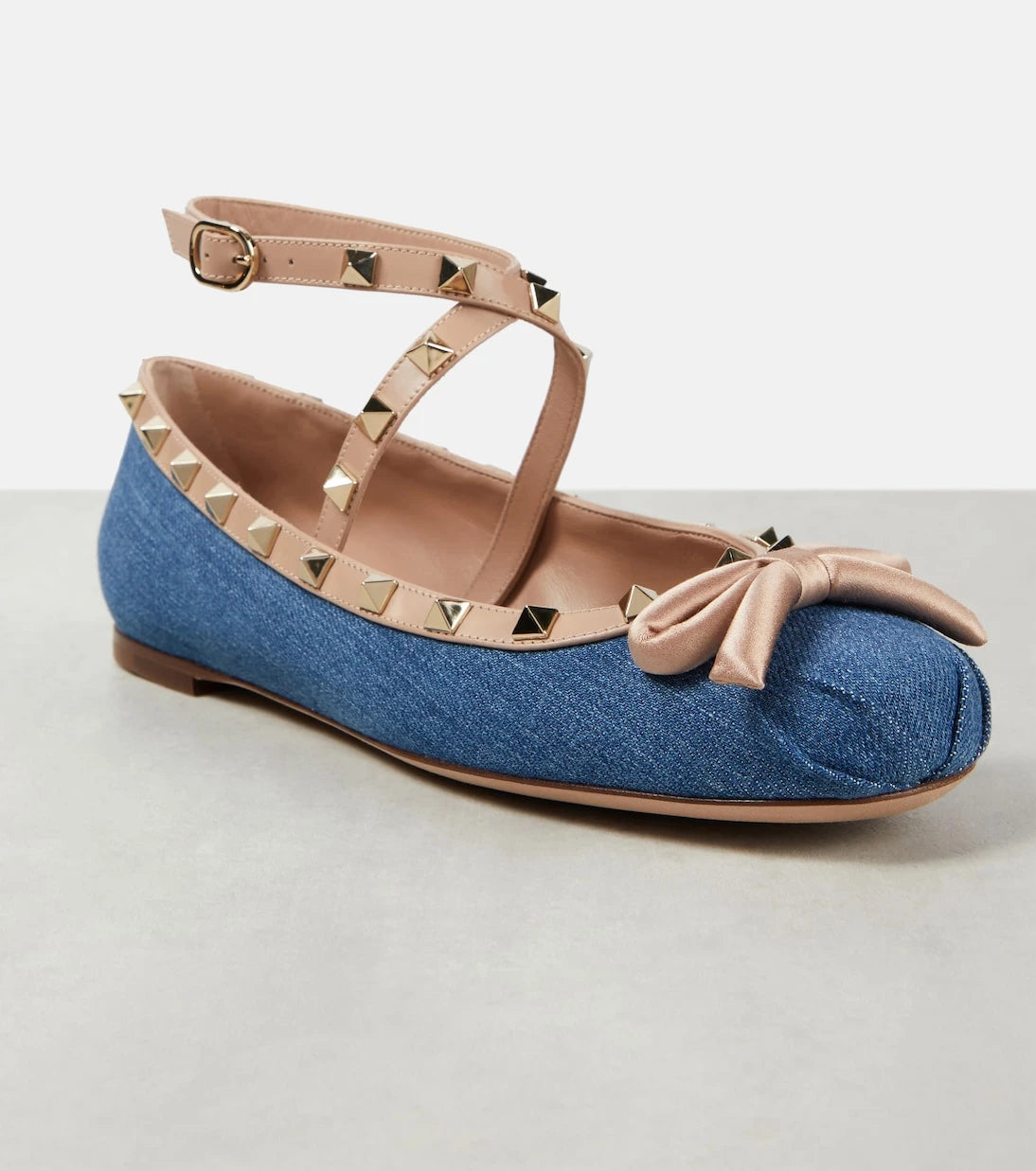 Valentino Garavani - Rockstud leather-trimmed denim ballet flats