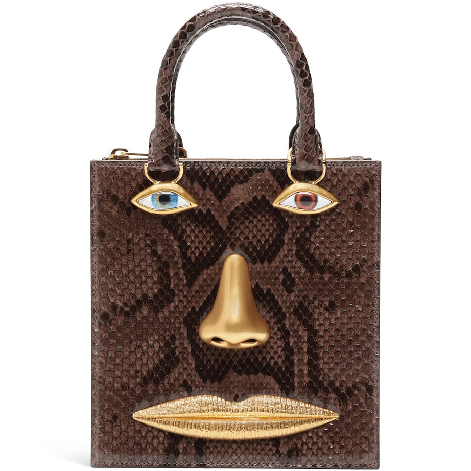 Brown Python Skin Face Top-Handle Bag