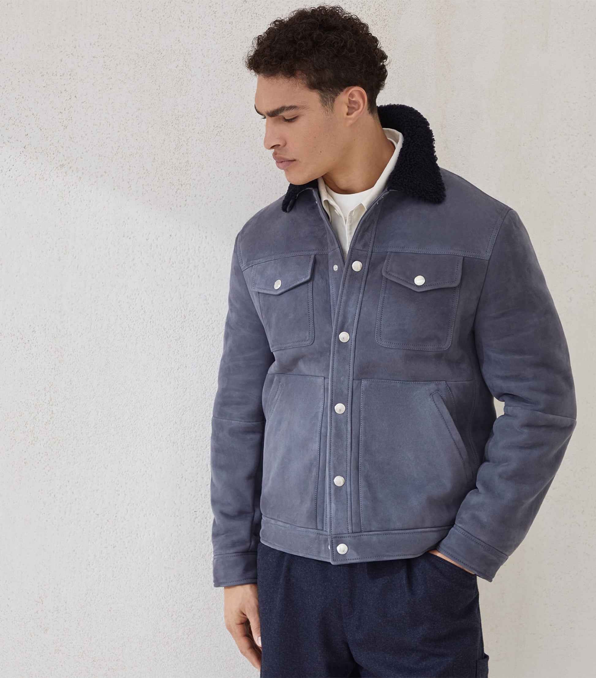 Brunello Cucinelli Blue Suede-Shearling Four-Pocket Jacket