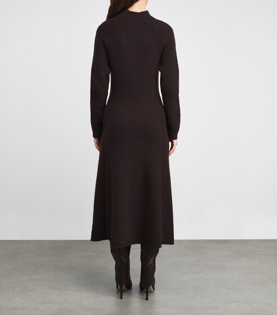Johnstons Of Elgin Brown Cashmere-Blend Ribbed Midi Knitted Dress