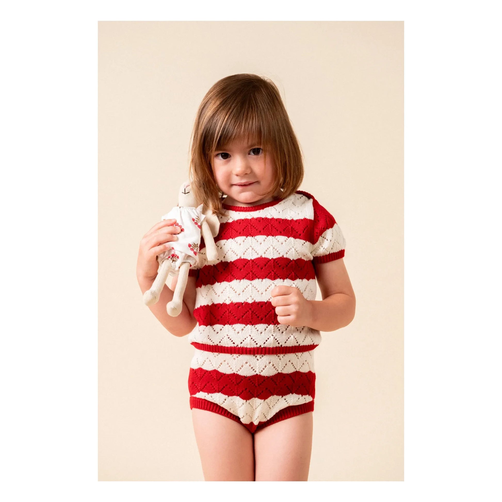 birinit - Pointelle Chili Striped T-shirt | Red