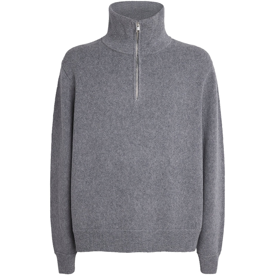 FRAME Grey Wool-Cotton Half-Zip Sweater