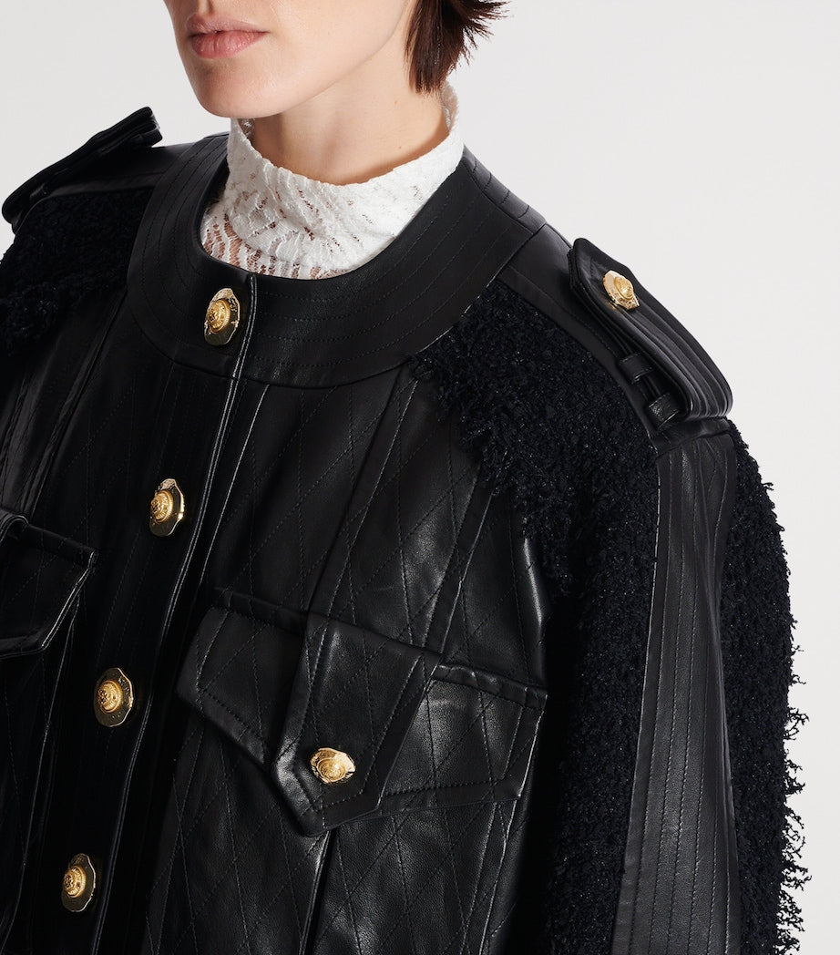 Black Tweed-Trim Leather Jacket