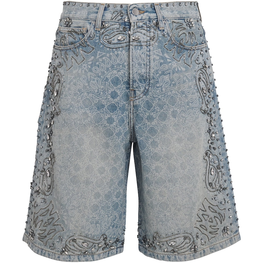 Crystal-Trim Bandana Denim Shorts