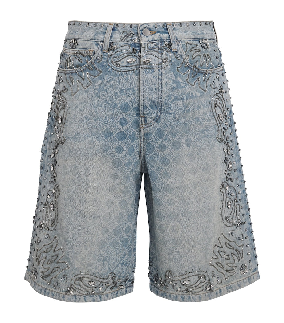 Crystal-Trim Bandana Denim Shorts