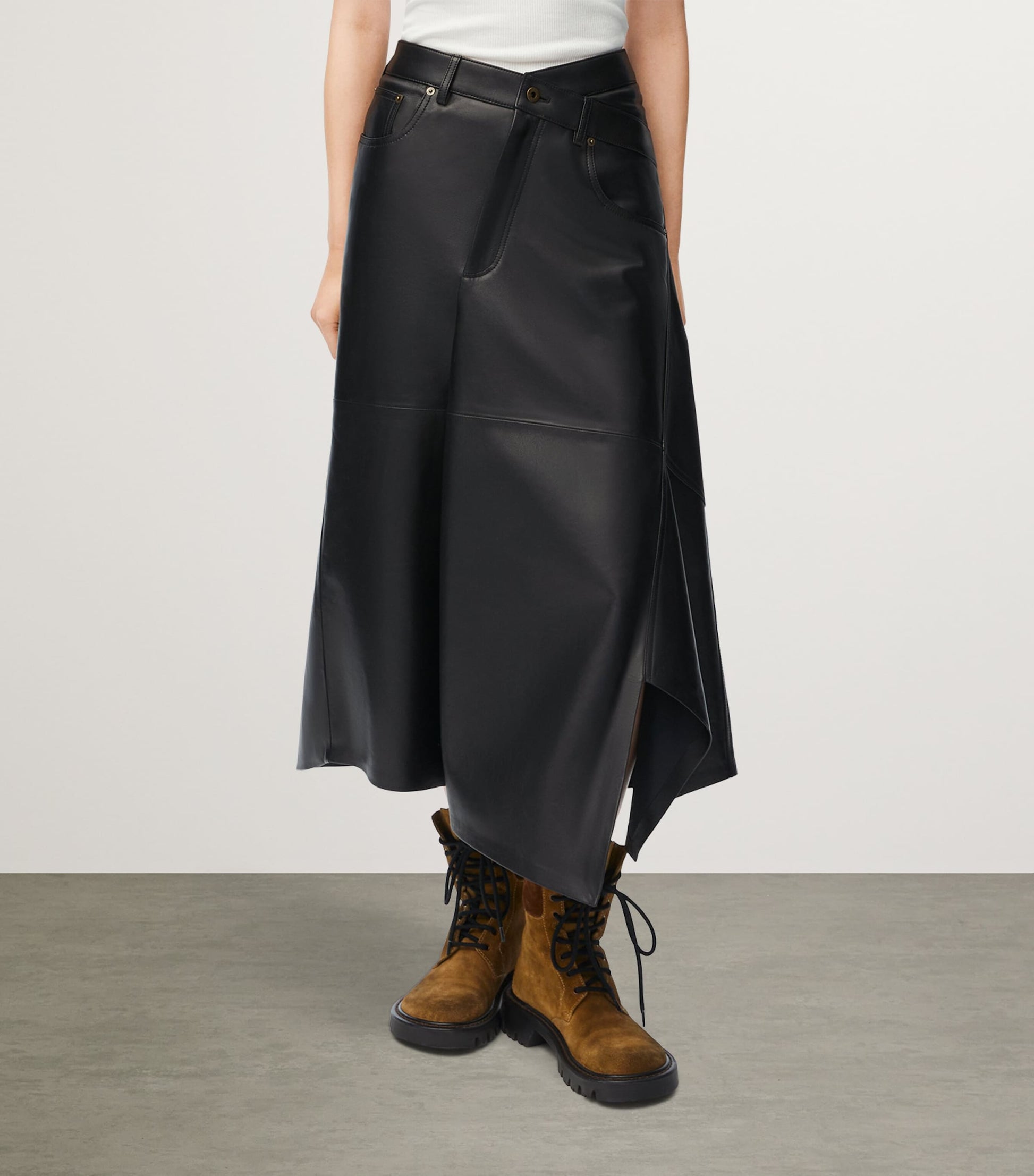 Black Cotton Asymmetric Midi Skirt