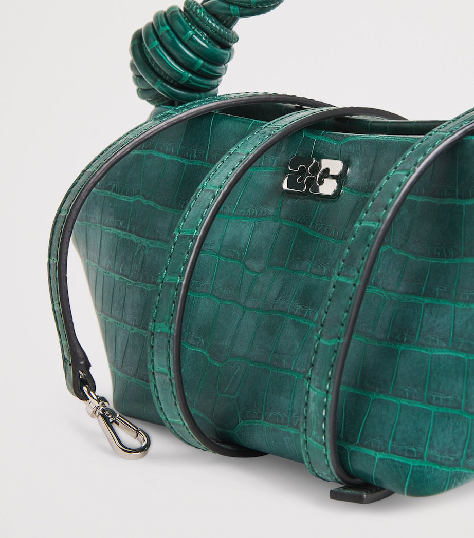GANNI Green Mini Croc-Embossed Bou Top-Handle Bag