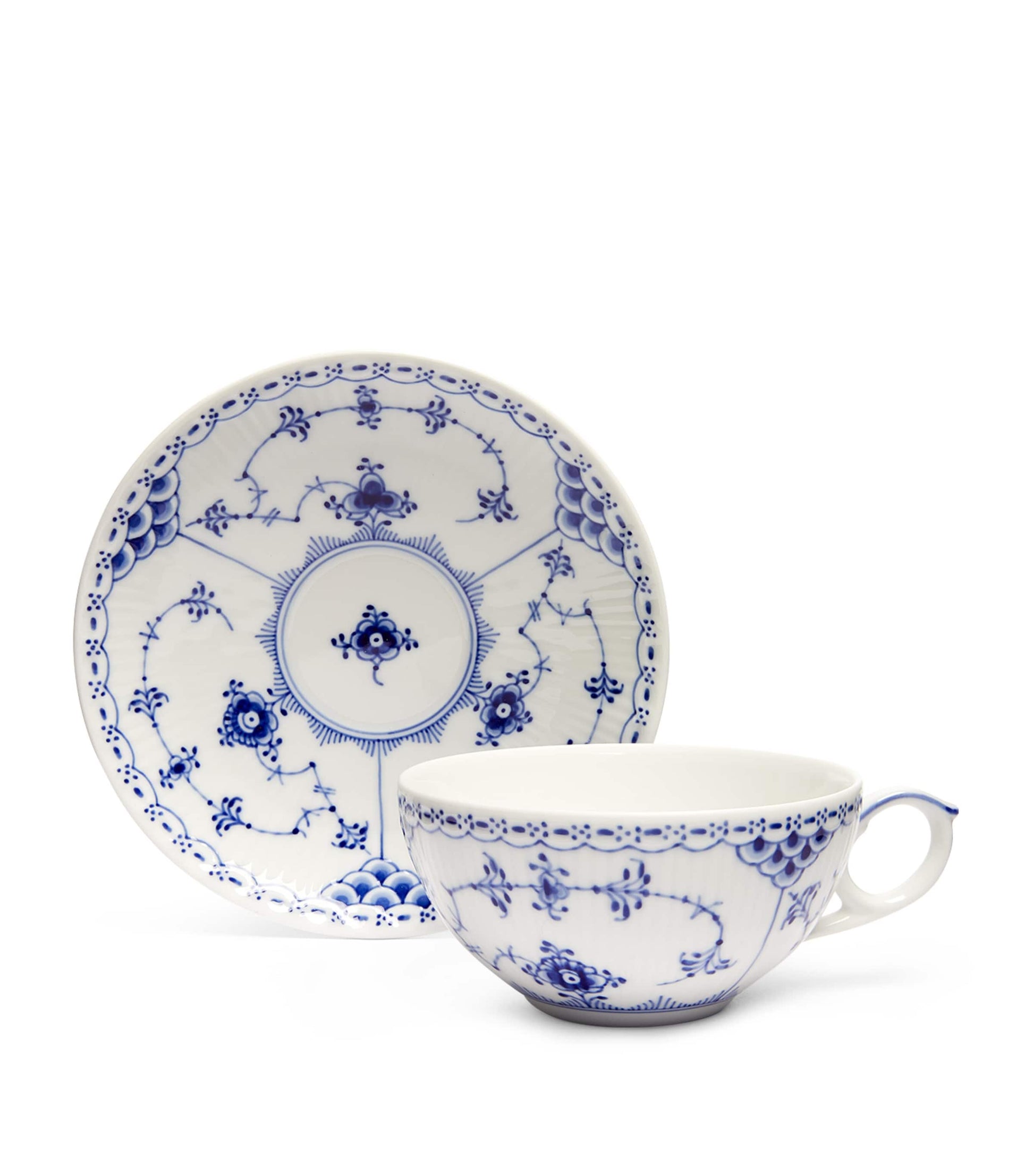 Royal Copenhagen Blue Fluted Half Lace Teacup and Saucer