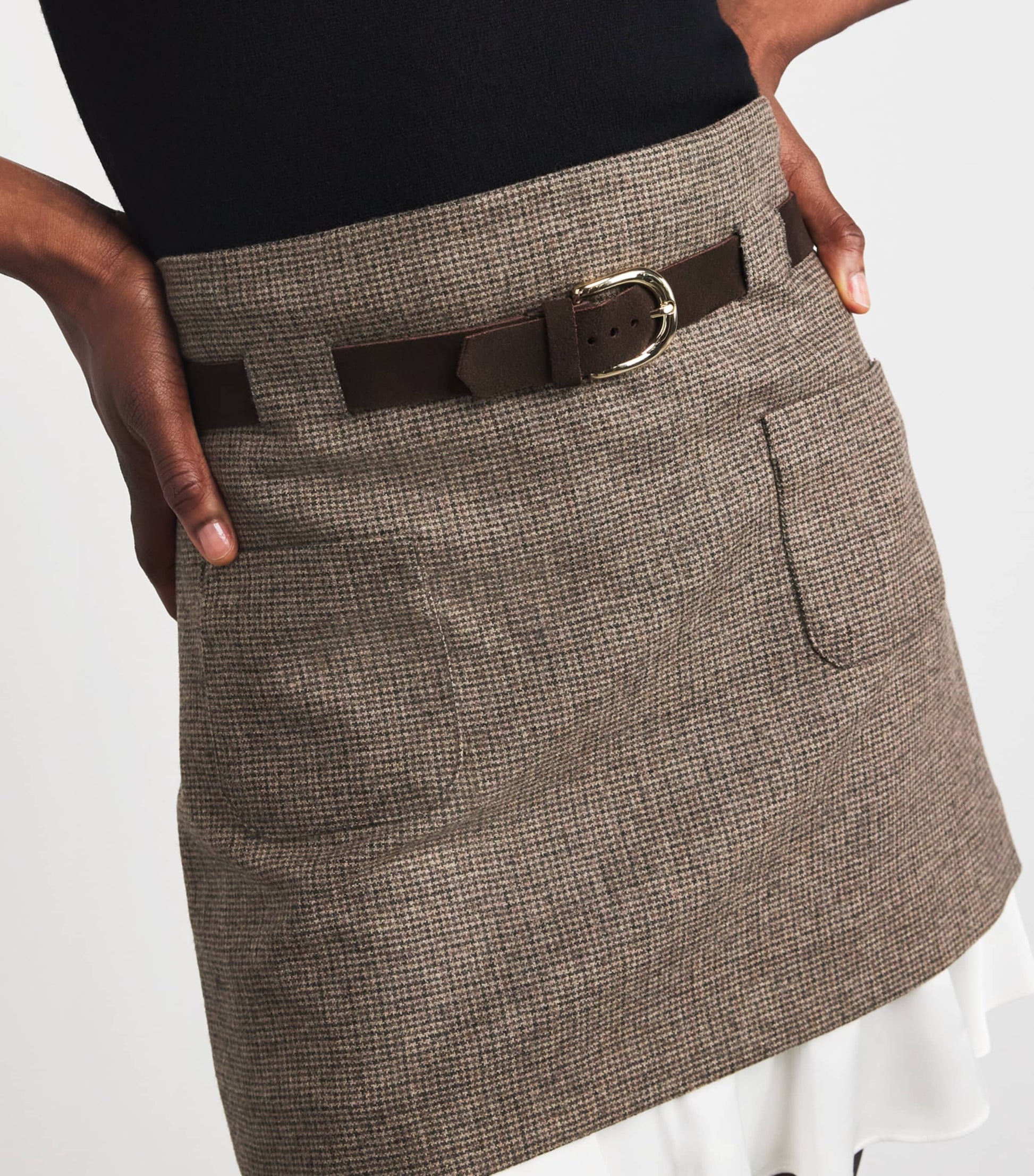 Brown Wool-Blend Belted Mini Skirt