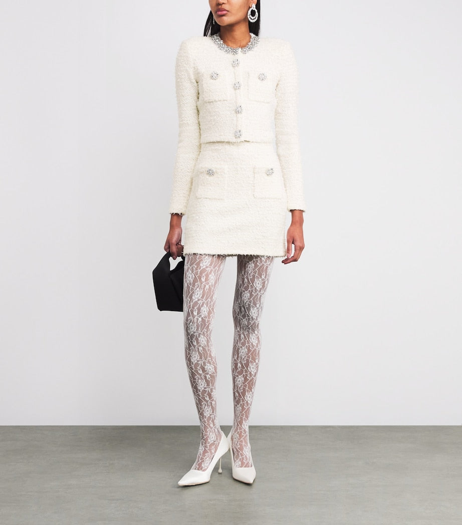 Self-Portrait Ivory Bouclé Embellished Mini Skirt