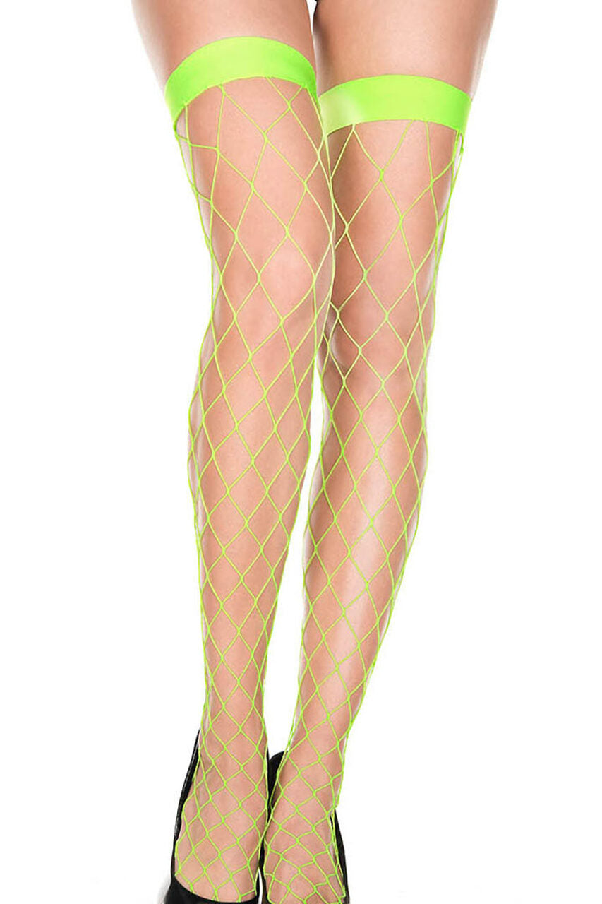 Neon Green Diamond Net Stockings with Wide Bands