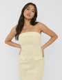 Linen Look Tailored Fold Over Bandeau Pocket Detail Midi Dress Yellow