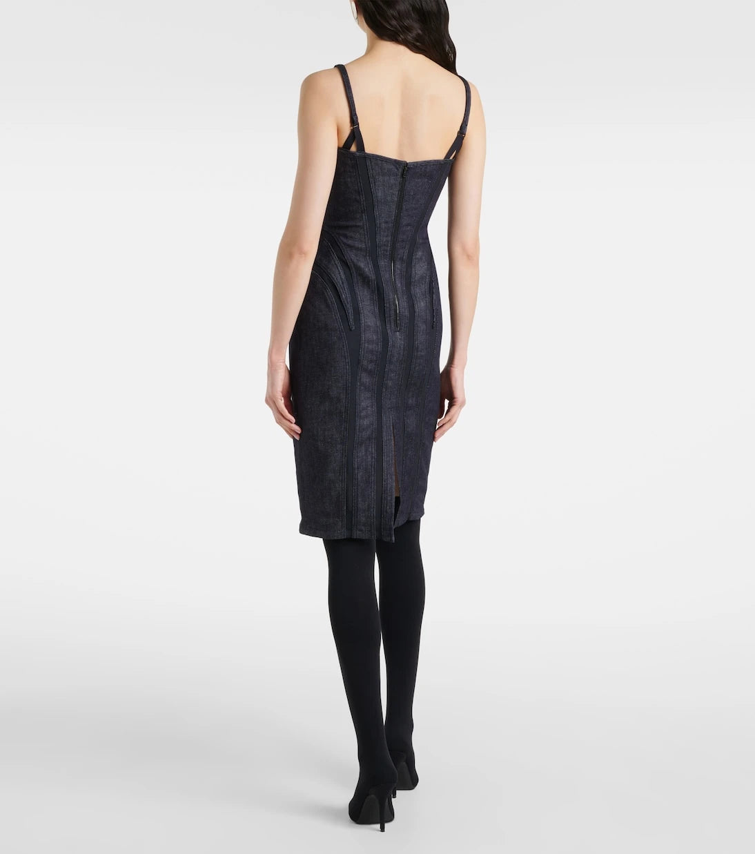 Mugler - Mesh-trimmed denim midi dress
