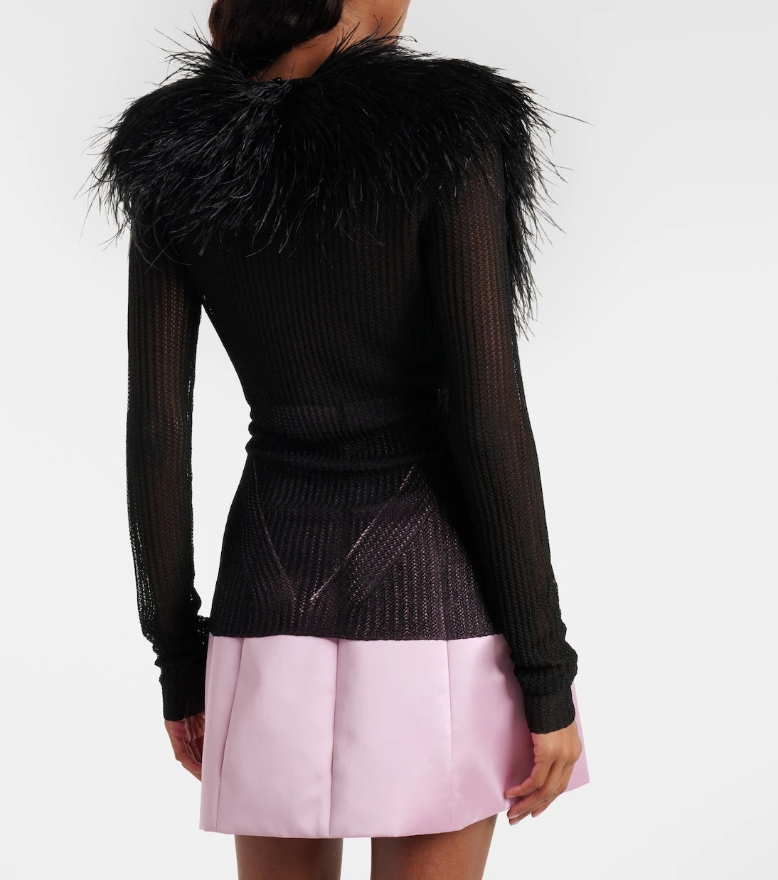 Blumarine - Feather-trimmed ribbed-knit cardigan