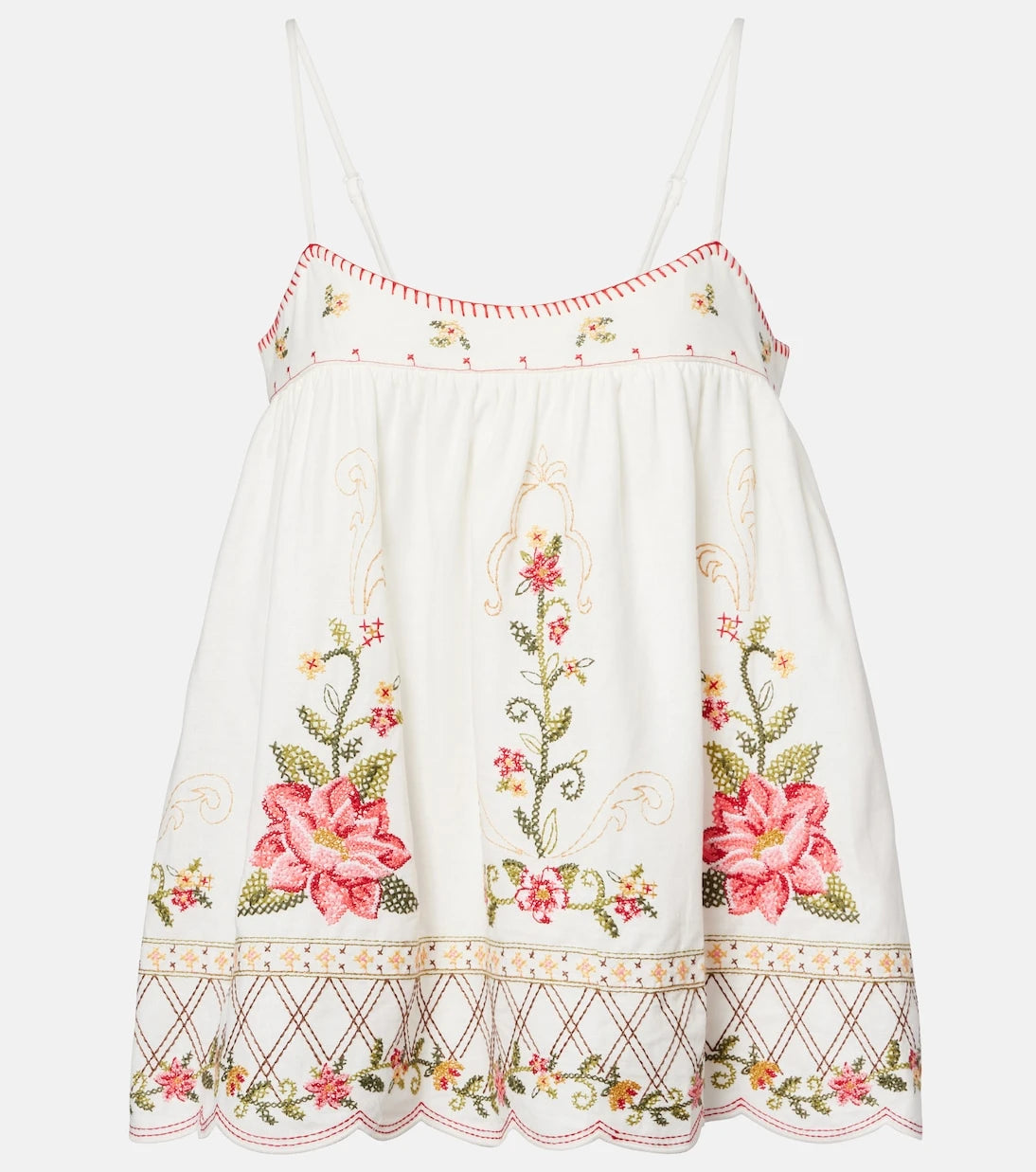 Farm Rio - Embroidered linen-blend top