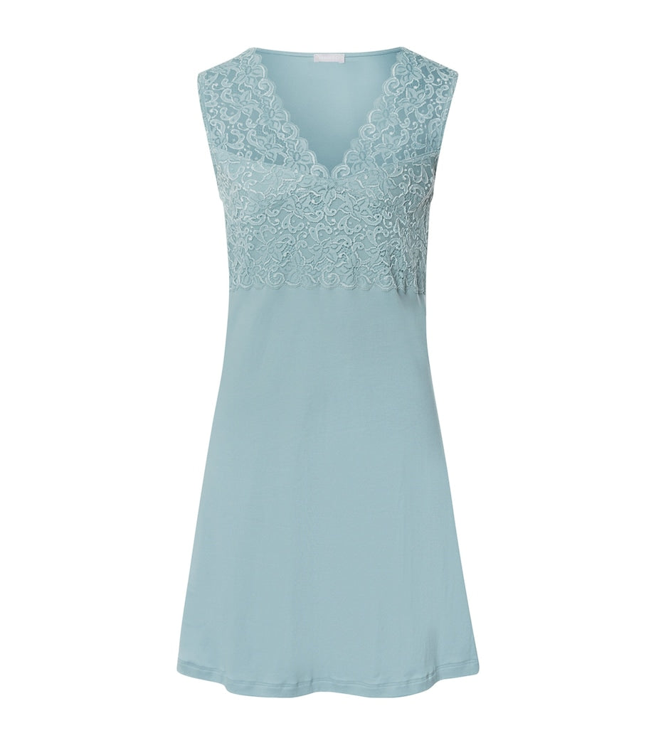 Hanro Blue Cotton Lace-Trim Moments Nightdress