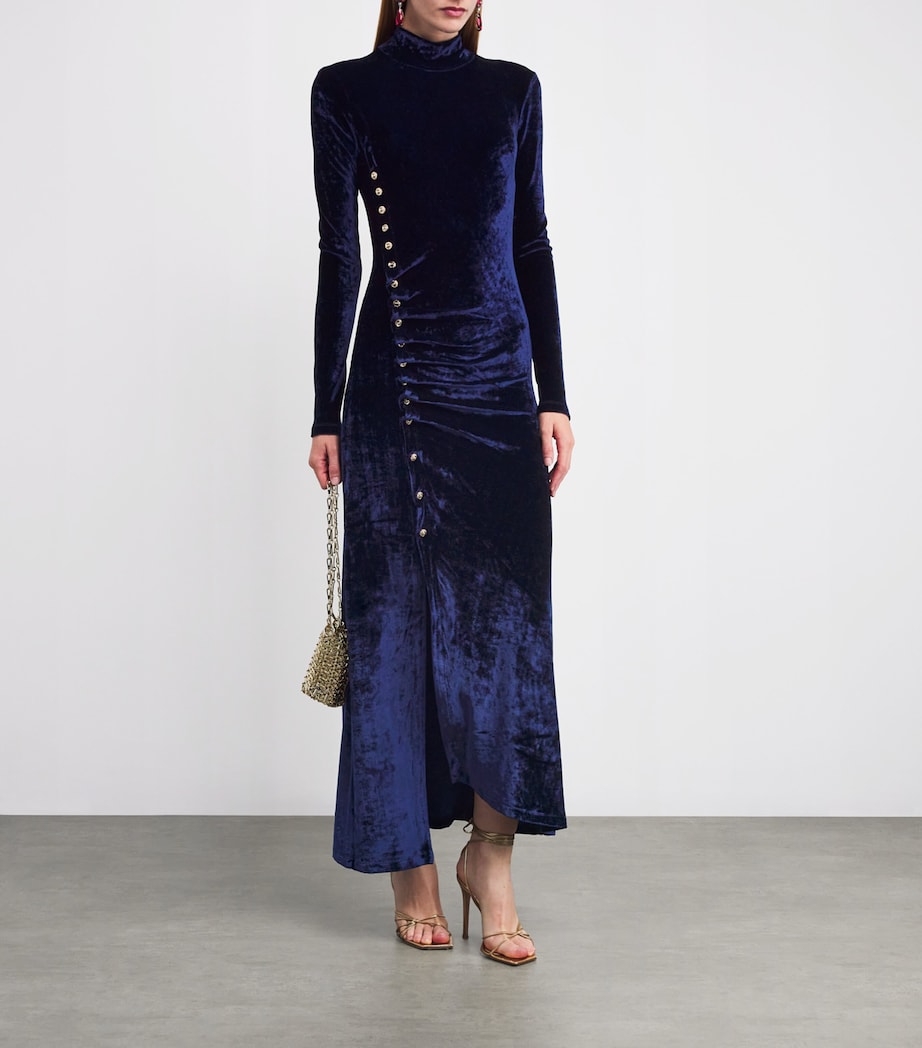 Paco Rabanne Navy Velvet Asymmetric Midi Dress