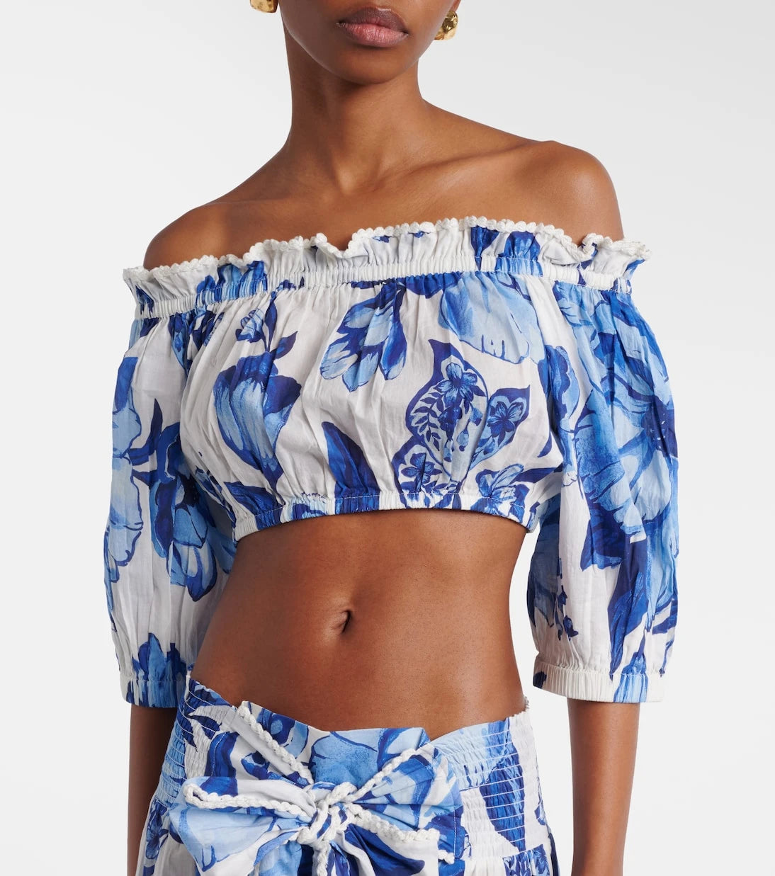 Farm Rio - Floral cropped off-shoulder cotton top