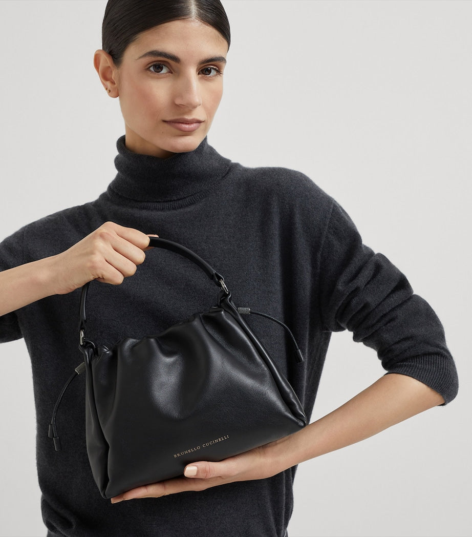 Brunello Cucinelli Black Small Leather Mellow Bucket Bag