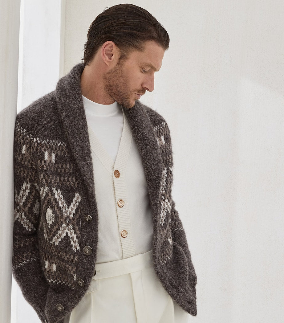 Brown Alpaca-Virgin Wool-Cashmere Jacquard Cardigan