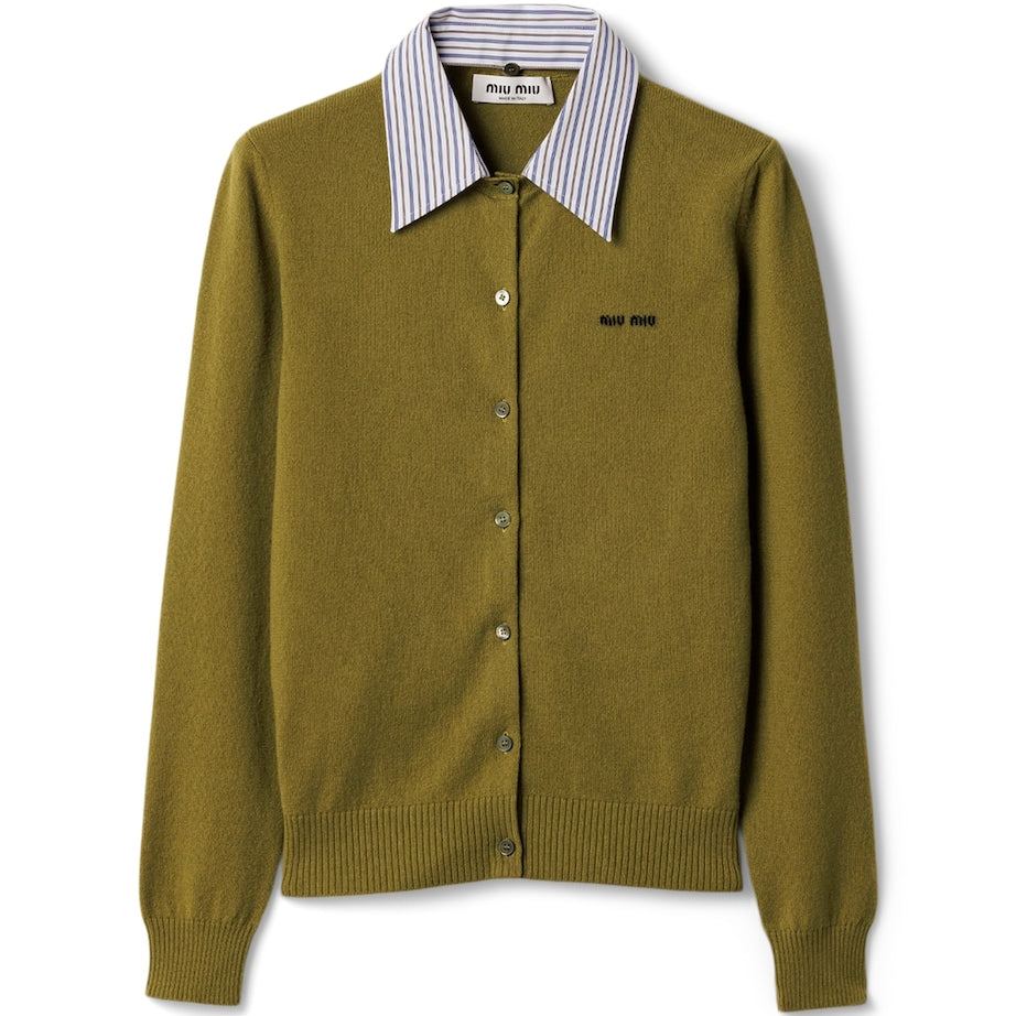 Green Cashmere Detachable-Collar Cardigan