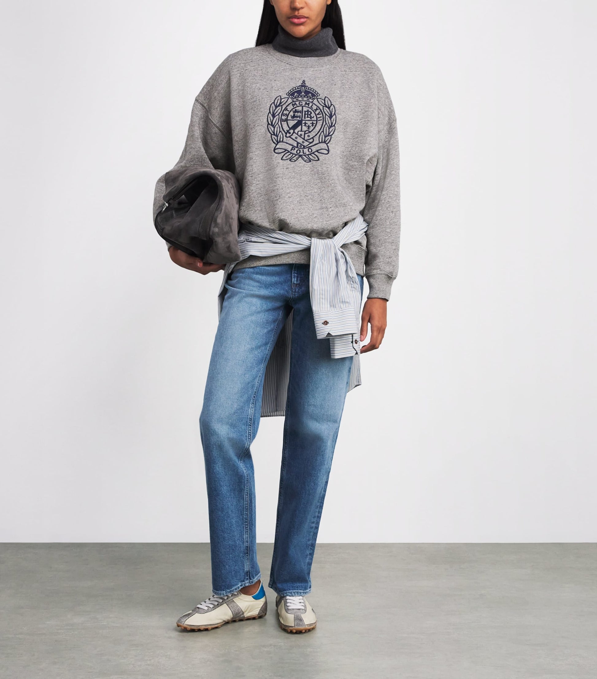 Grey Fleece Crest-Embroidered Sweatshirt