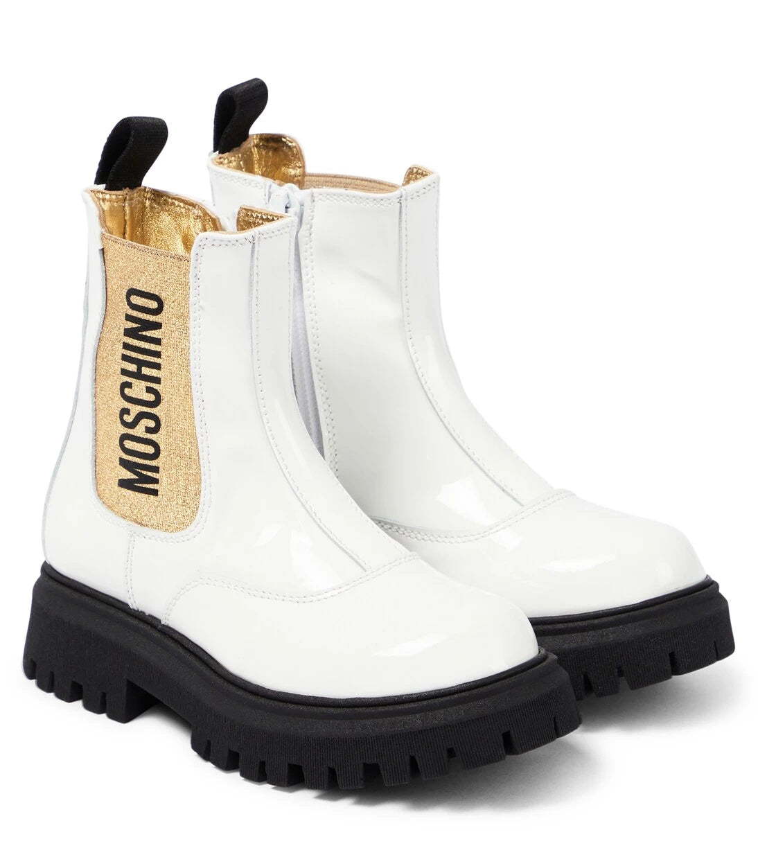 Moschino Kids - بوت من الجلد اللامع بشعار العلامة