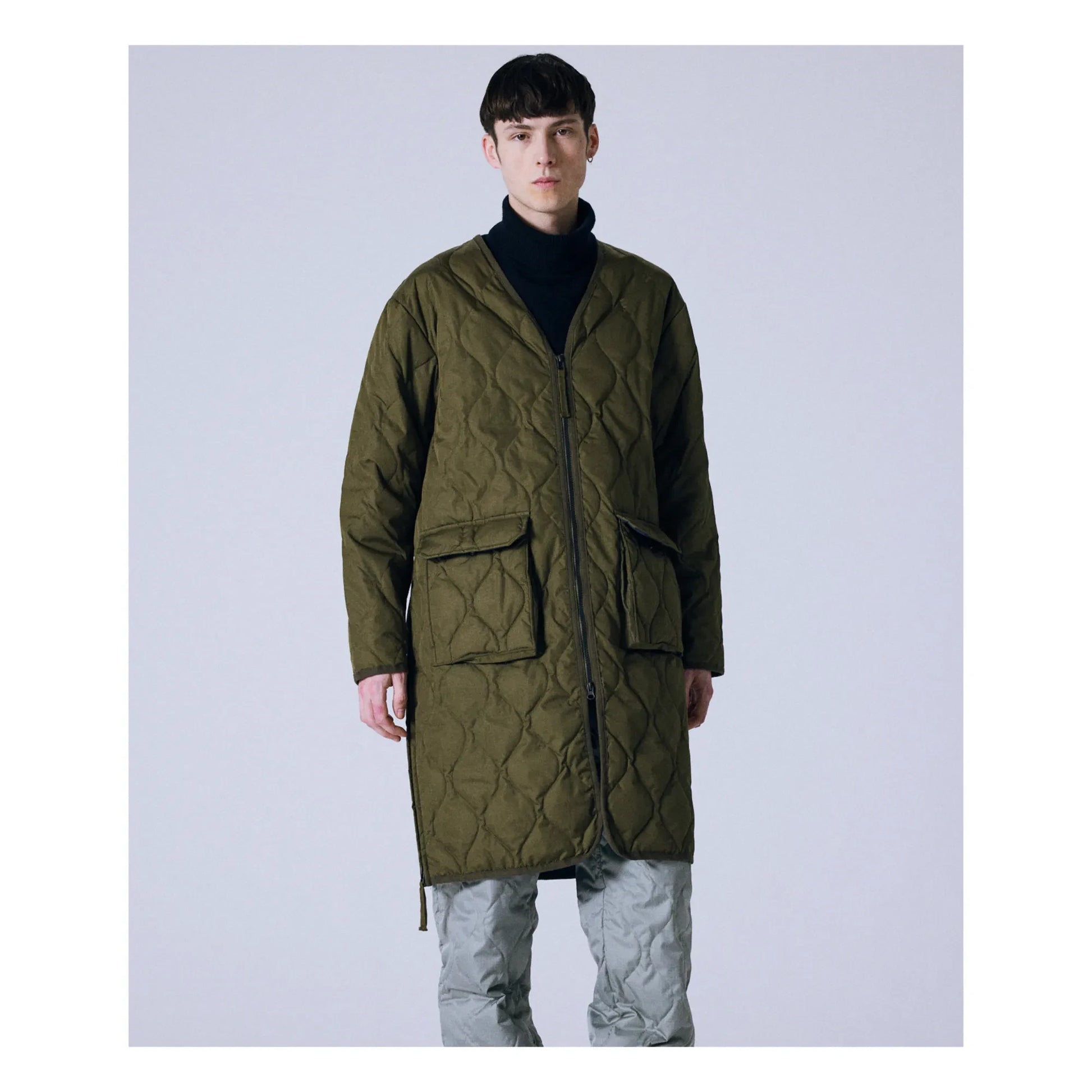Taion - Military Unisex Long Zip Quilted Jacket | Olive green