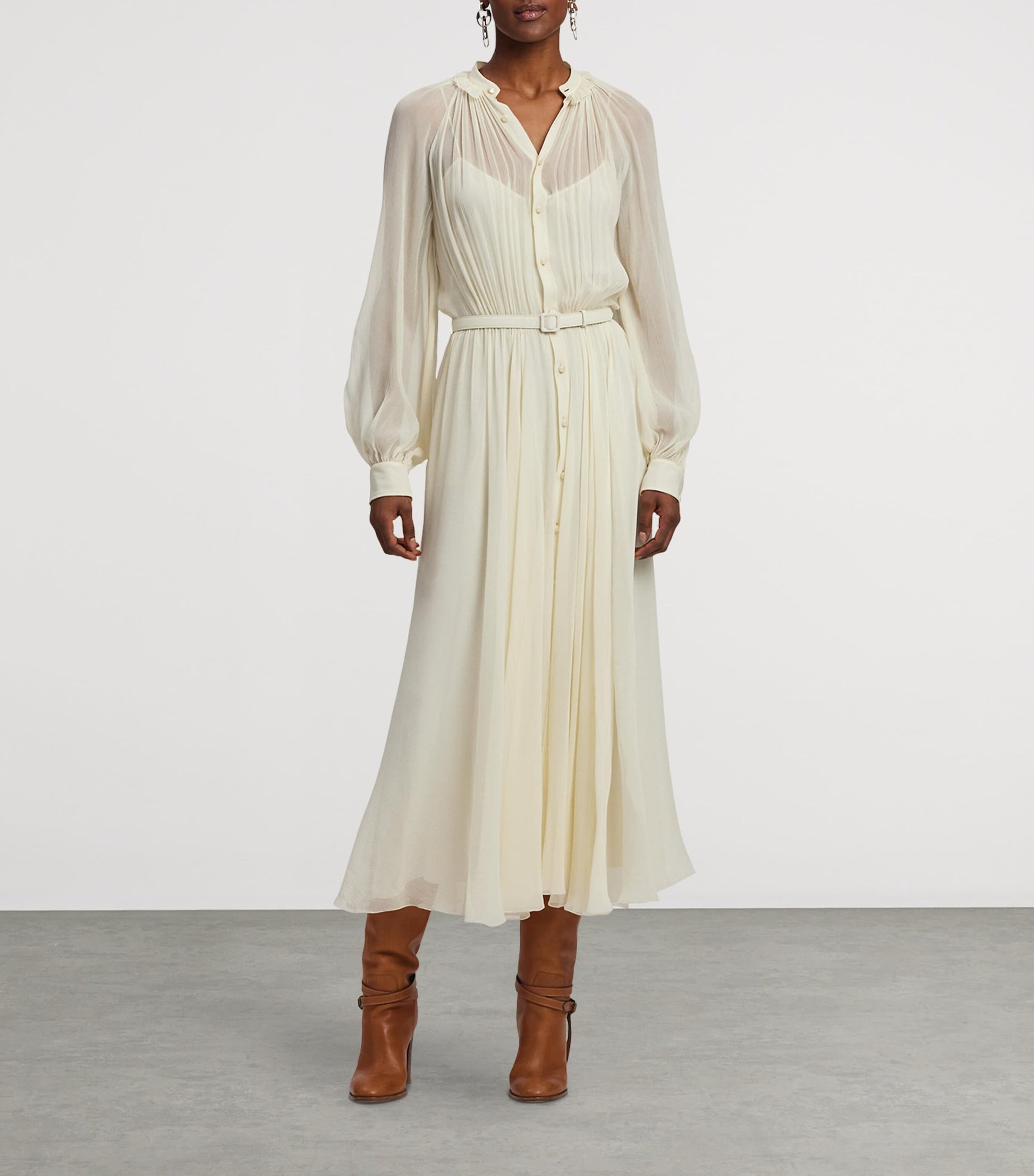 Ralph Lauren Collection Beige Mulberry Silk Grantly Midi Shirt Dress