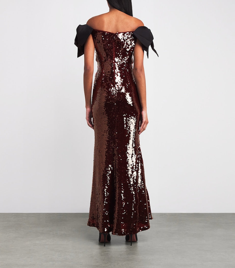 Self-Portrait Brown Sequin Off-The-Shoulder Maxi Dress
