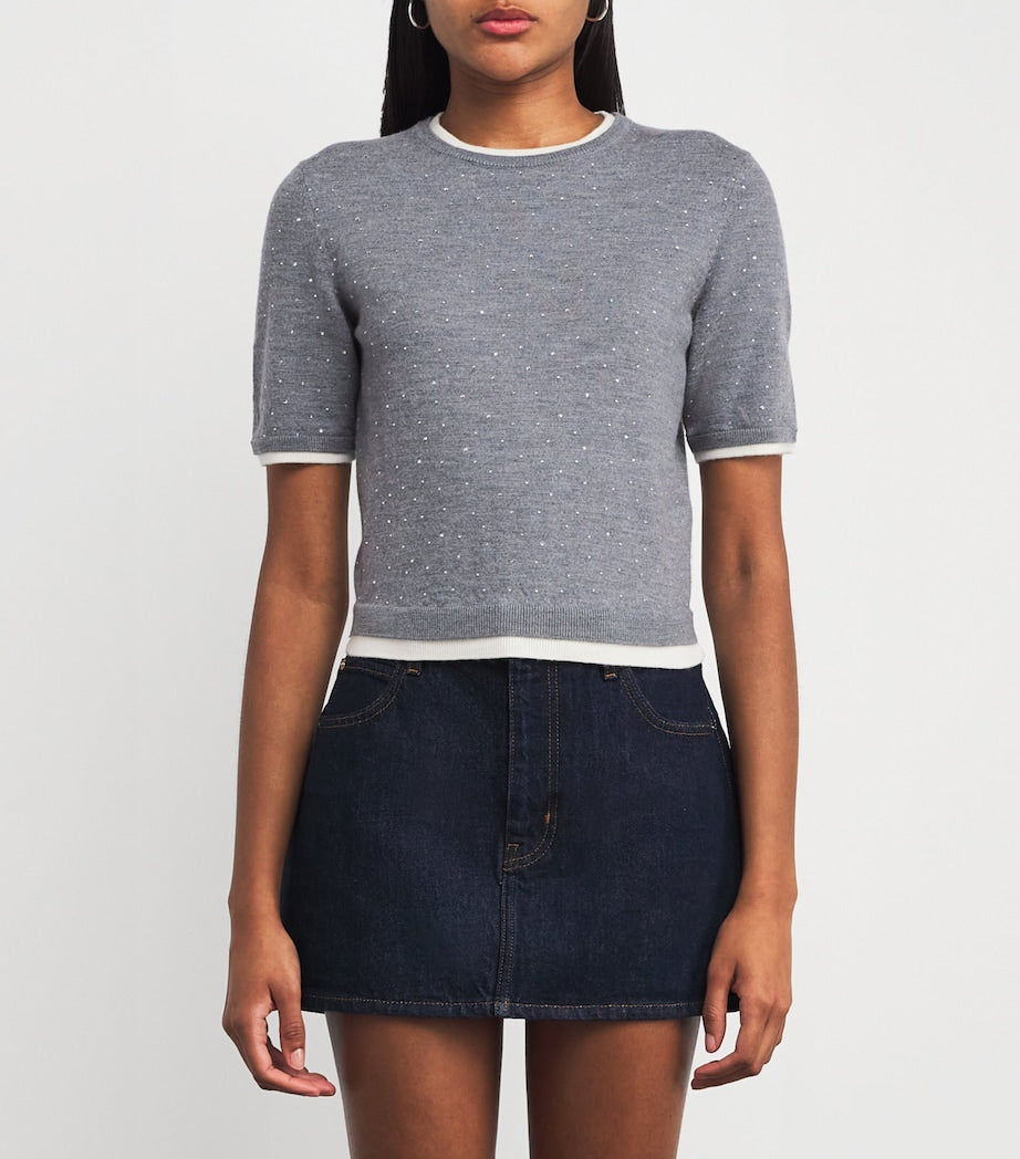 Black Embellished-Wool Short-Sleeve Sweater