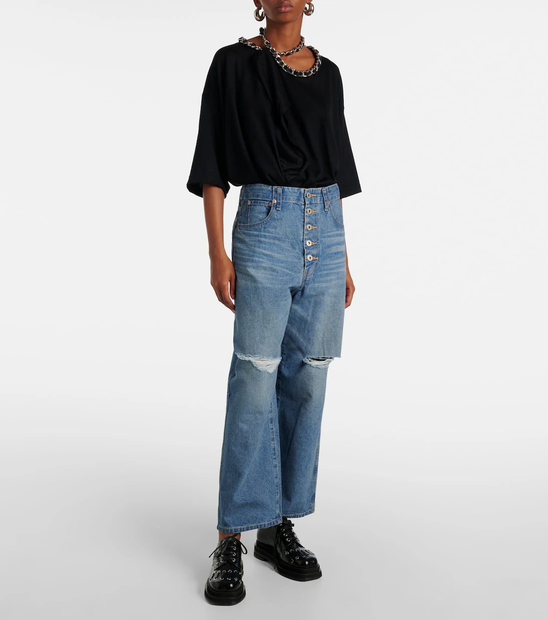 Junya Watanabe - Kesik detaylı geniş paça jean pantolon