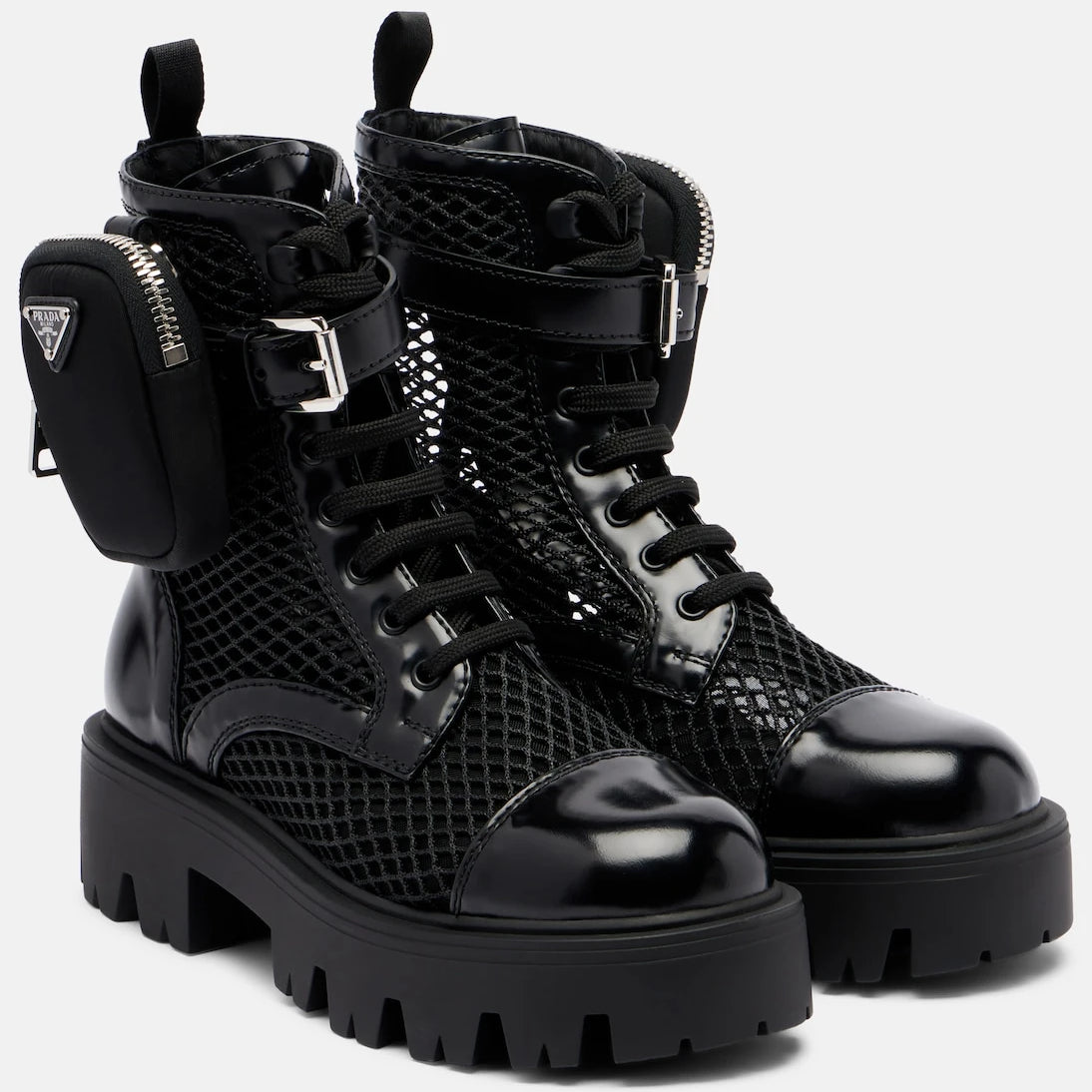 Prada - Leather-trimmed mesh combat boots