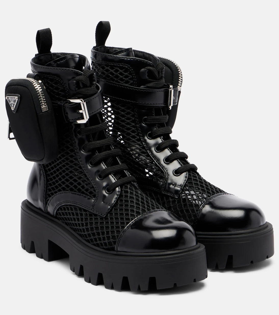 Prada - Leather-trimmed mesh combat boots