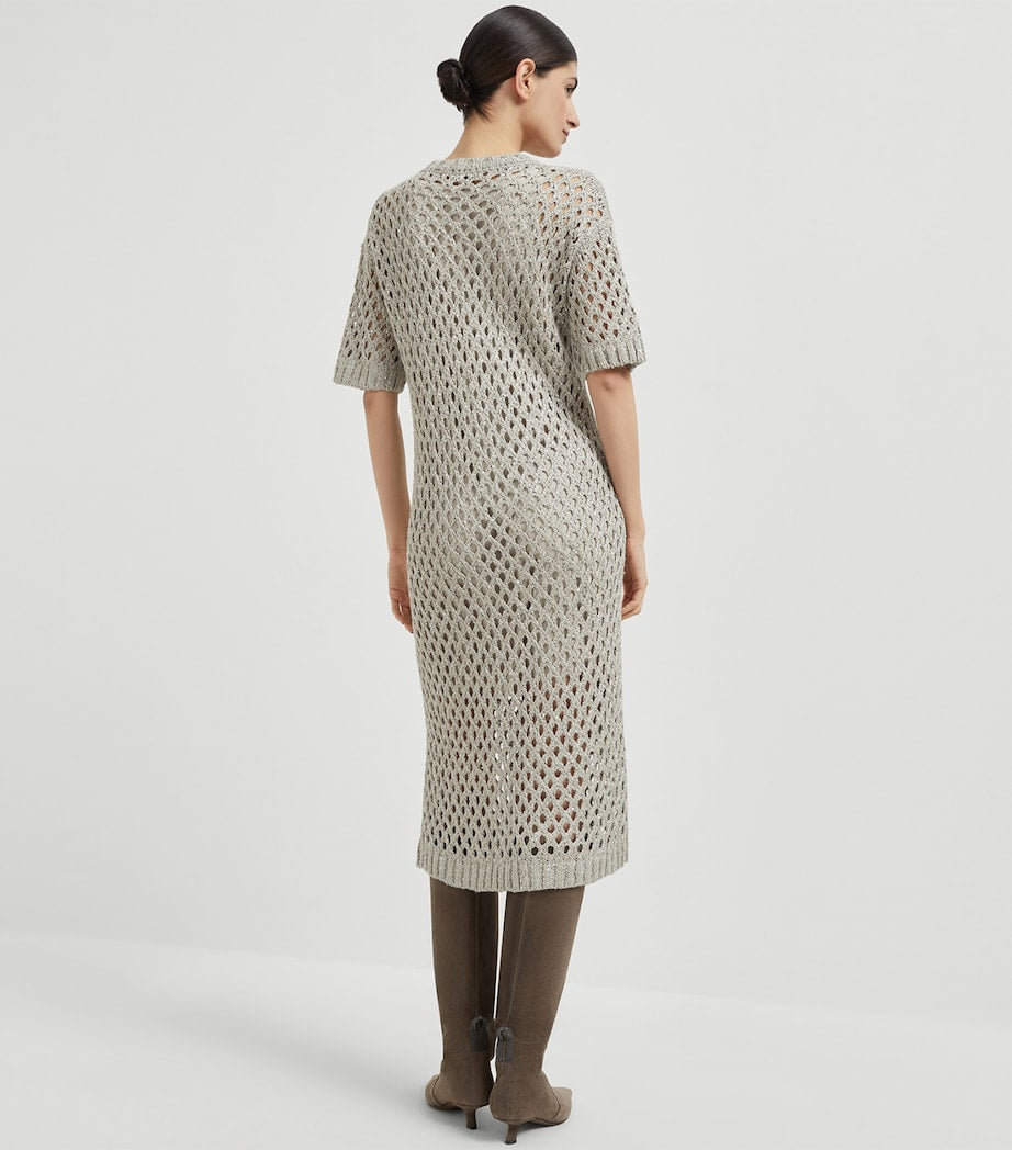 Brunello Cucinelli Grey Net Dazzling Knitted Midi Dress