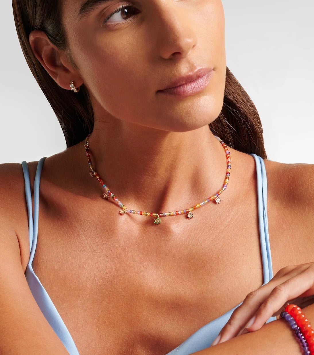Sydney Evan - Evil Eye 14kt gold beaded necklace with diamonds