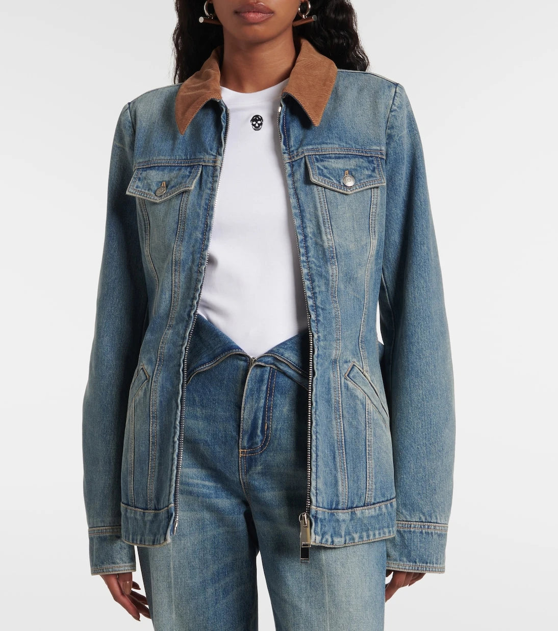 McQueen - Peplum corduroy-trimmed denim jacket