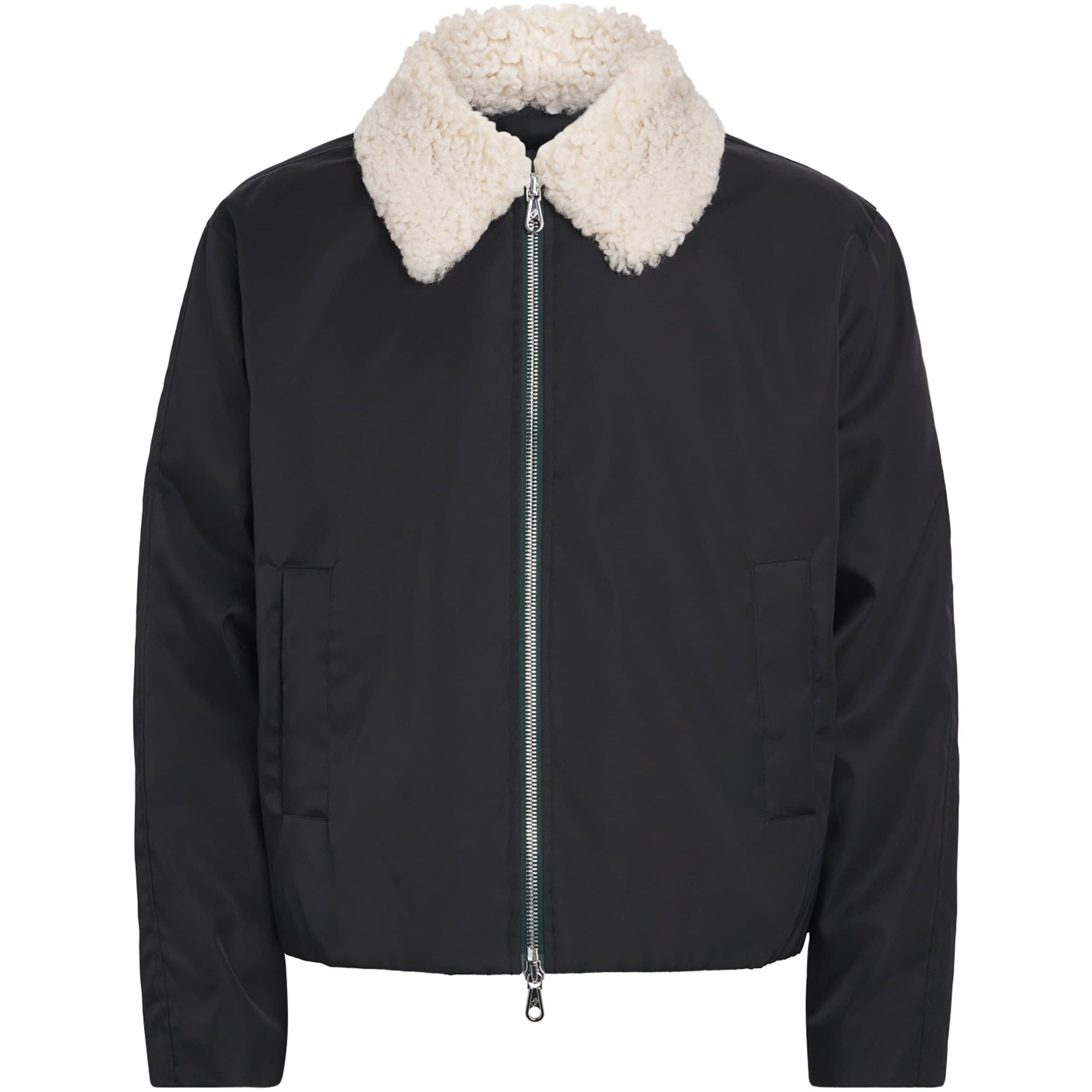 Black Faux Fur-Collar Bomber Jacket