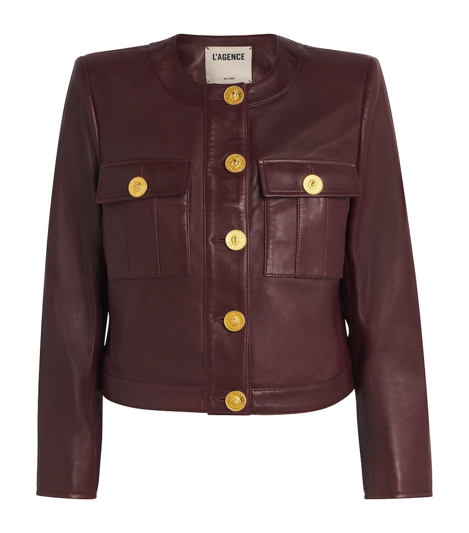 L'Agence Red Leather Collarless Deidra Jacket