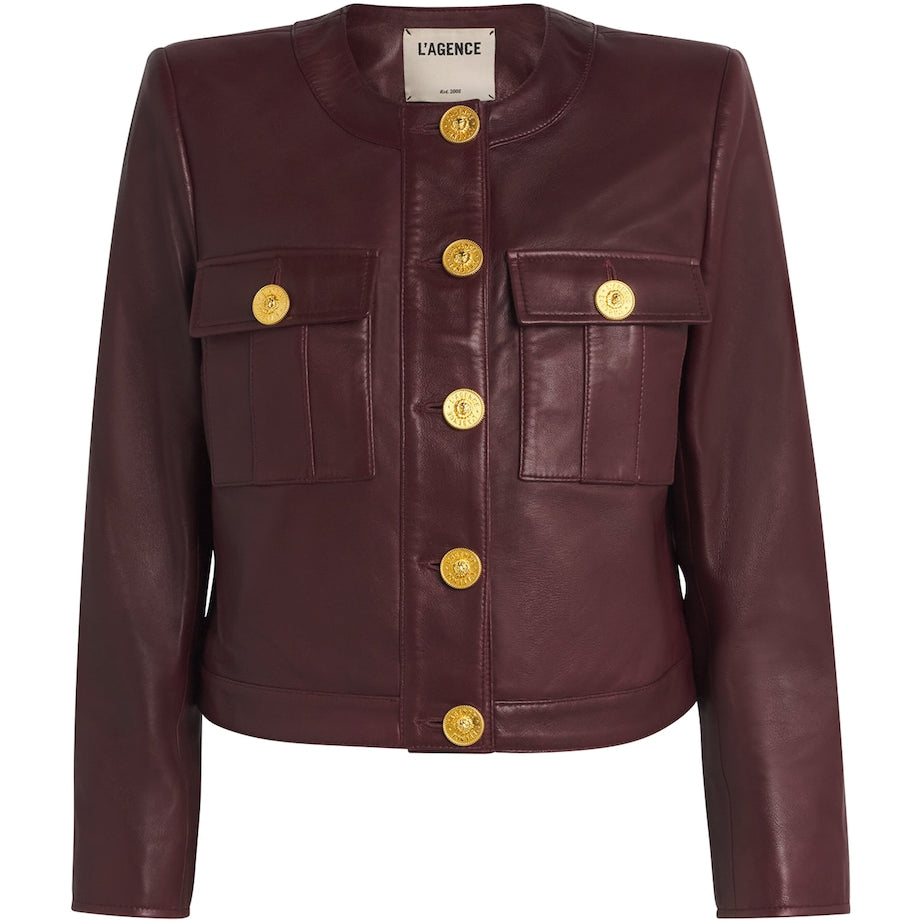 L'Agence Red Leather Collarless Deidra Jacket