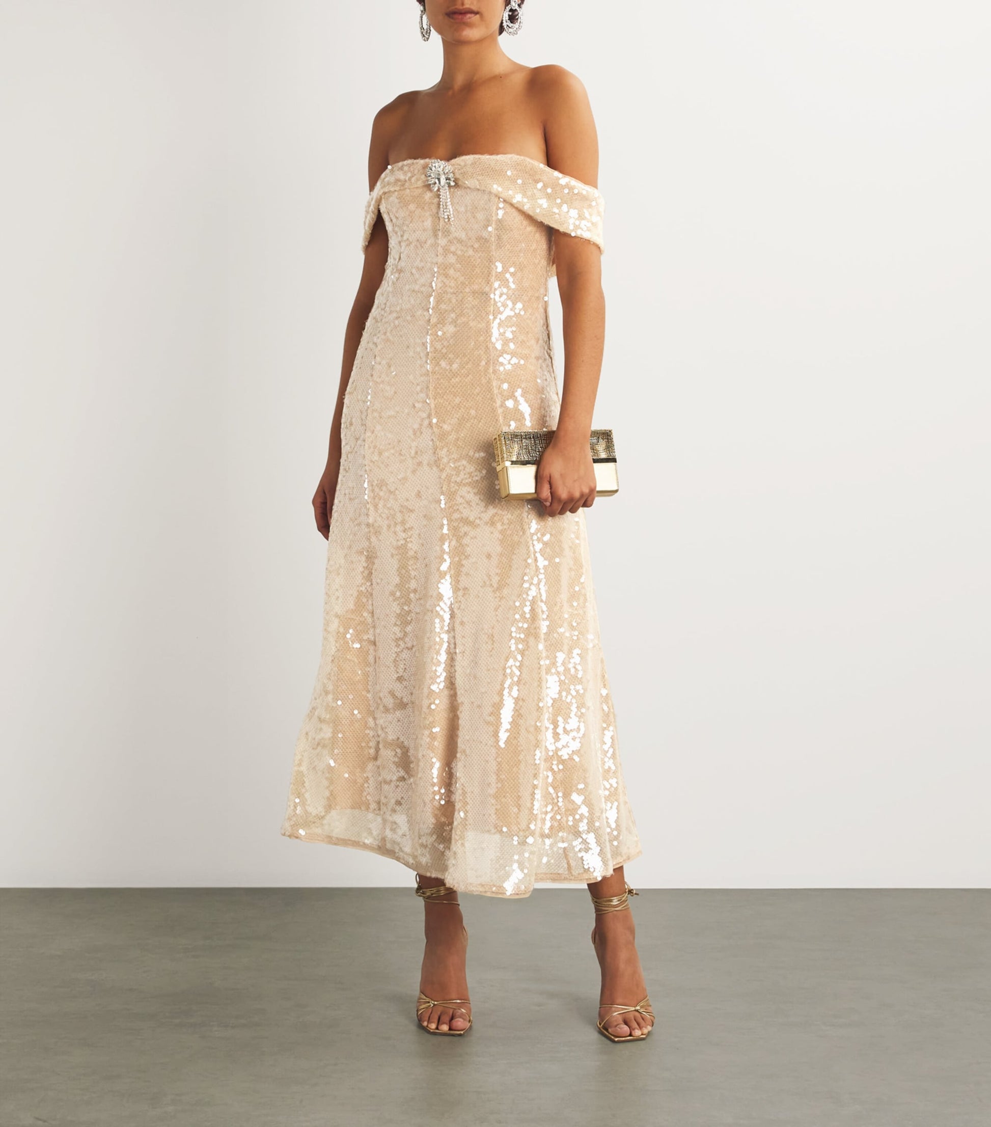 Self-Portrait Gold Embellished Off-The-Shoulder Midi Dress