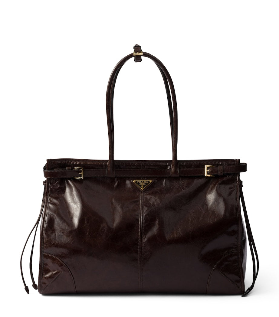 Prada Brown Large Leather Buckle Tote Bag